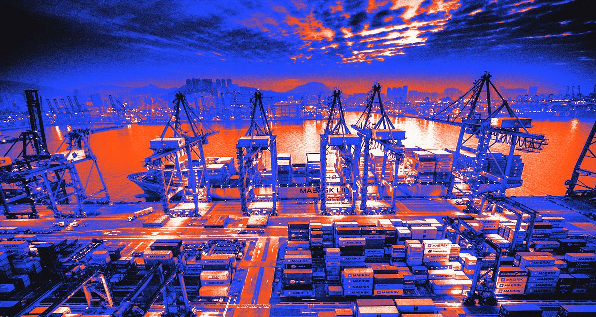 Container port at dusk, treated in the studio inks